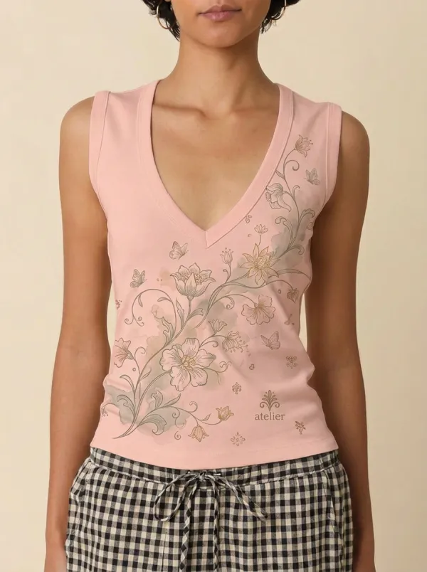 Women's Floral Butterfly Botanical Printed V-neck Tank Top