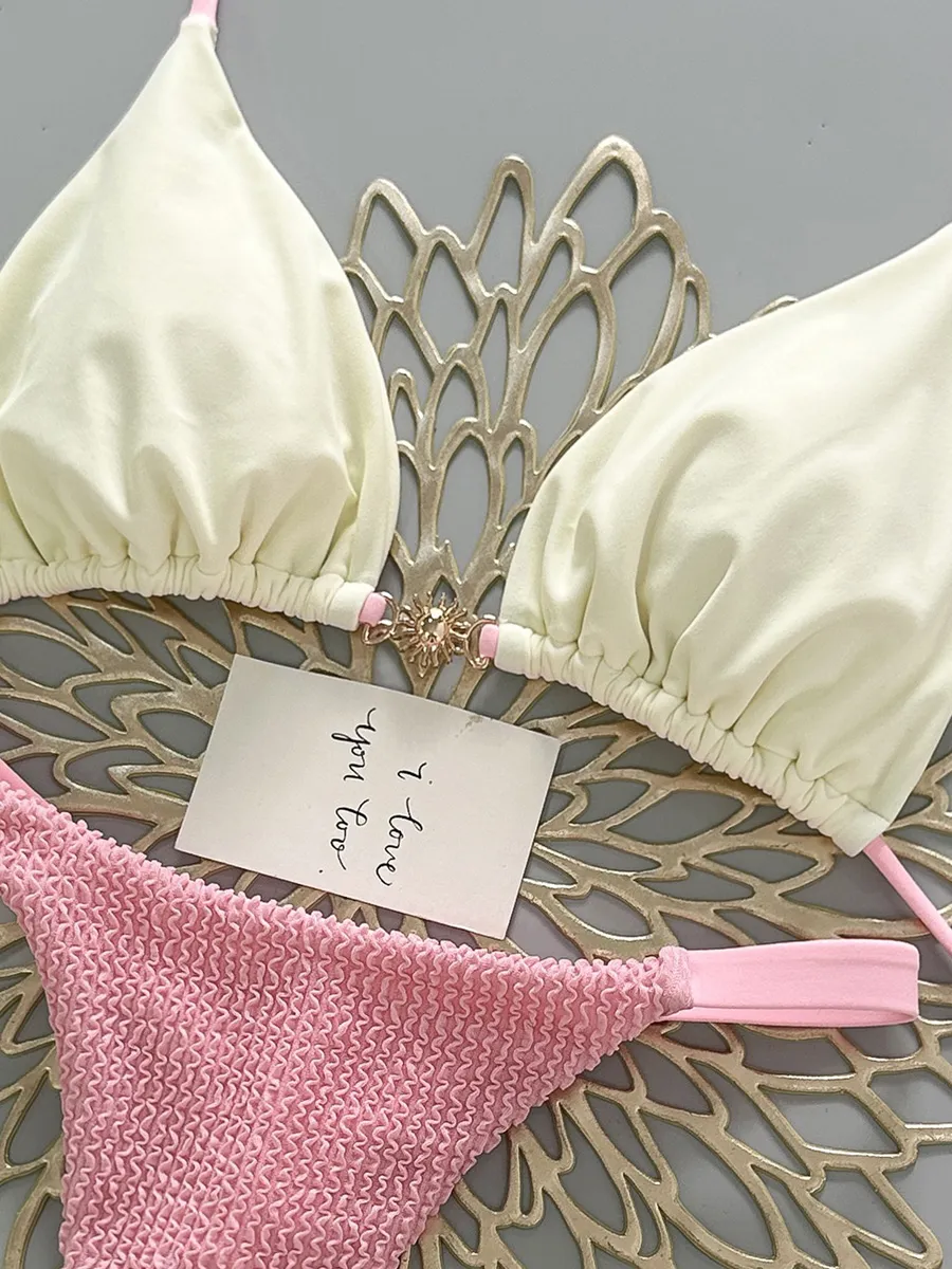 Victoria Pink and White Color-Blocked Bikini Two Piece Set