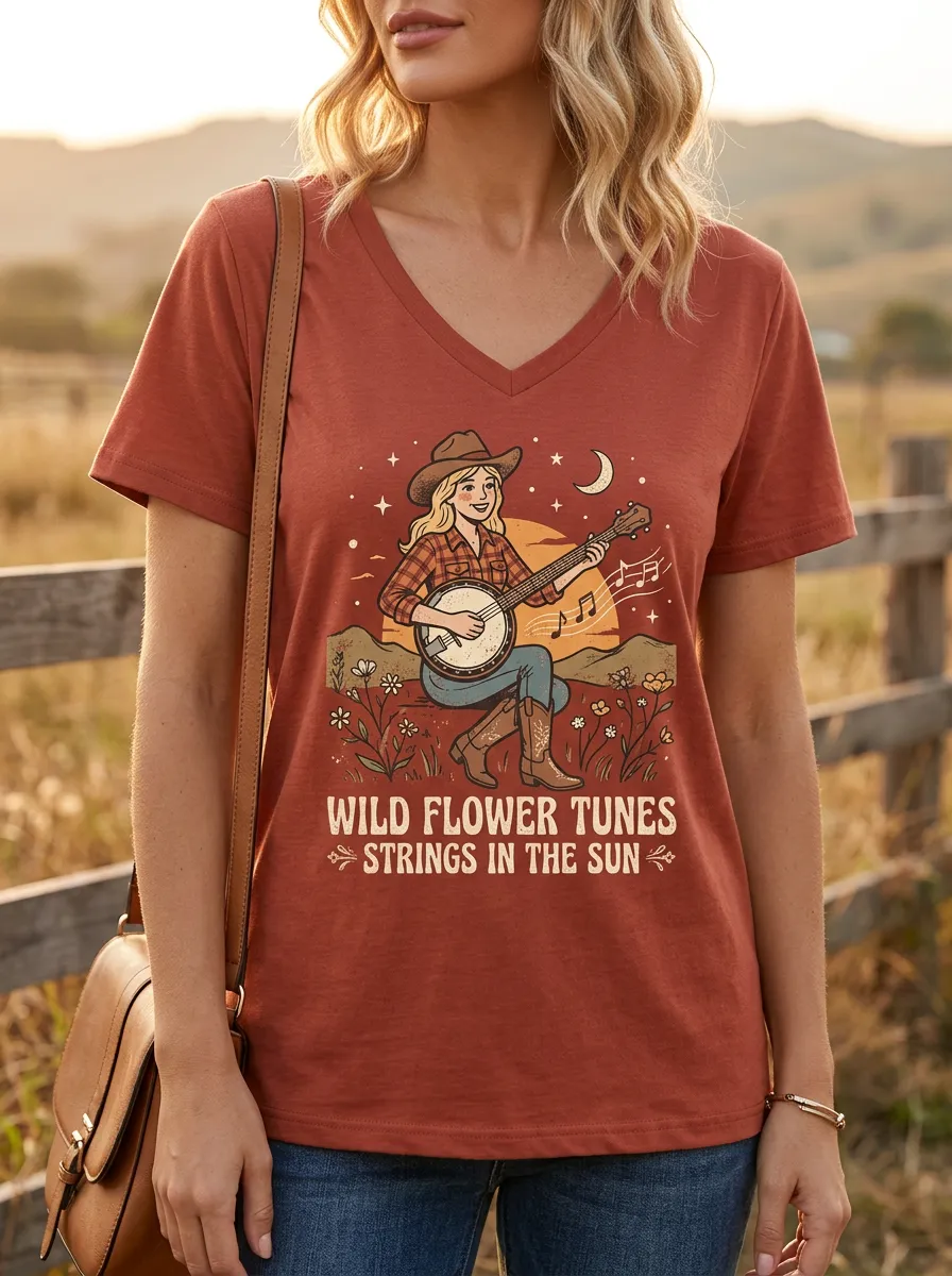 Banjo Cowgirl Women's Country Music V-Neck T-Shirt