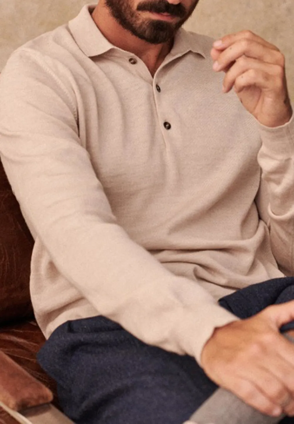 Mottled Beige Henley Collar Knit Sweater