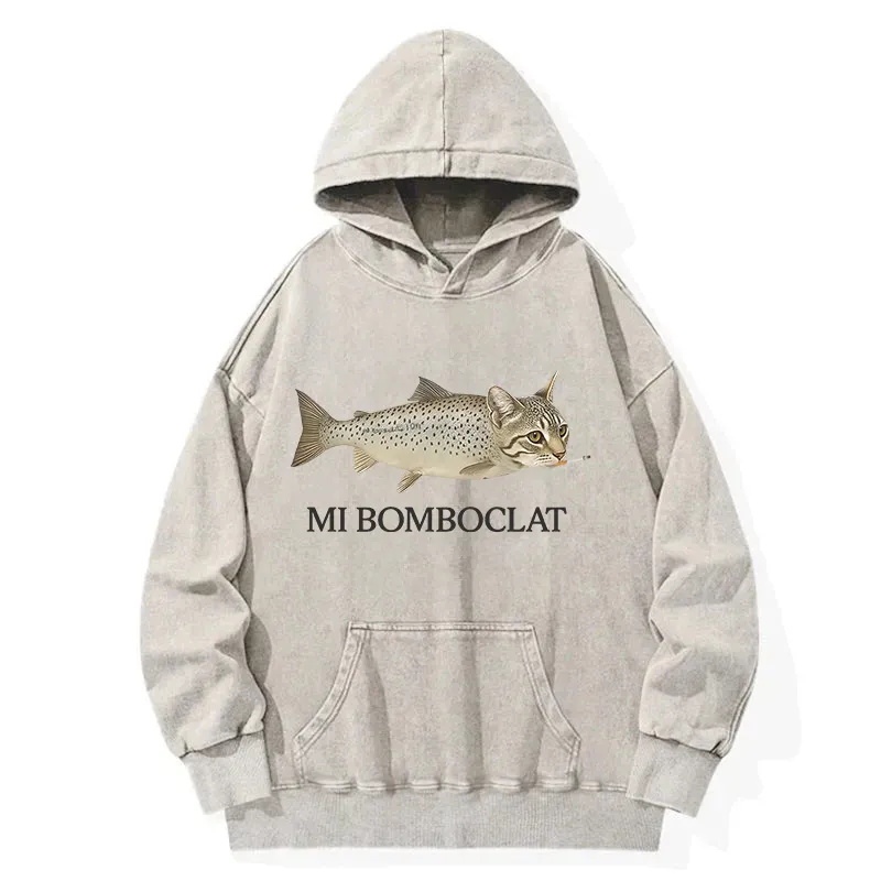 Fish Cat Meme Washed Hoodie