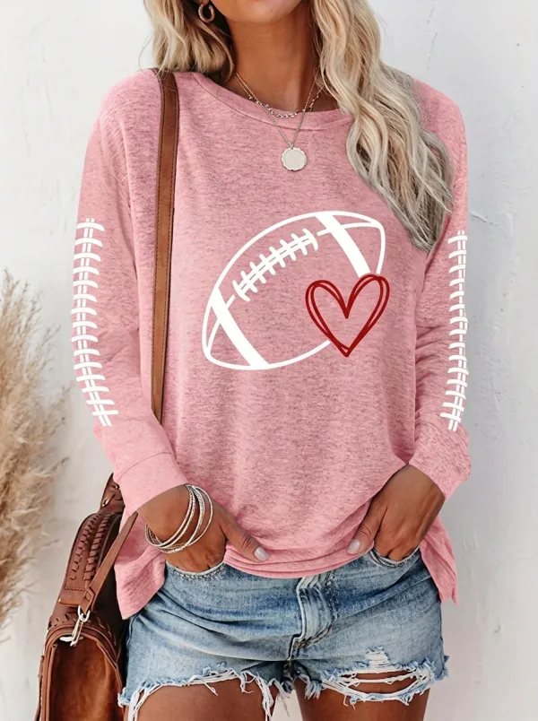 Women's Football Ball Heart Long Sleeve Graphic T-Shirt