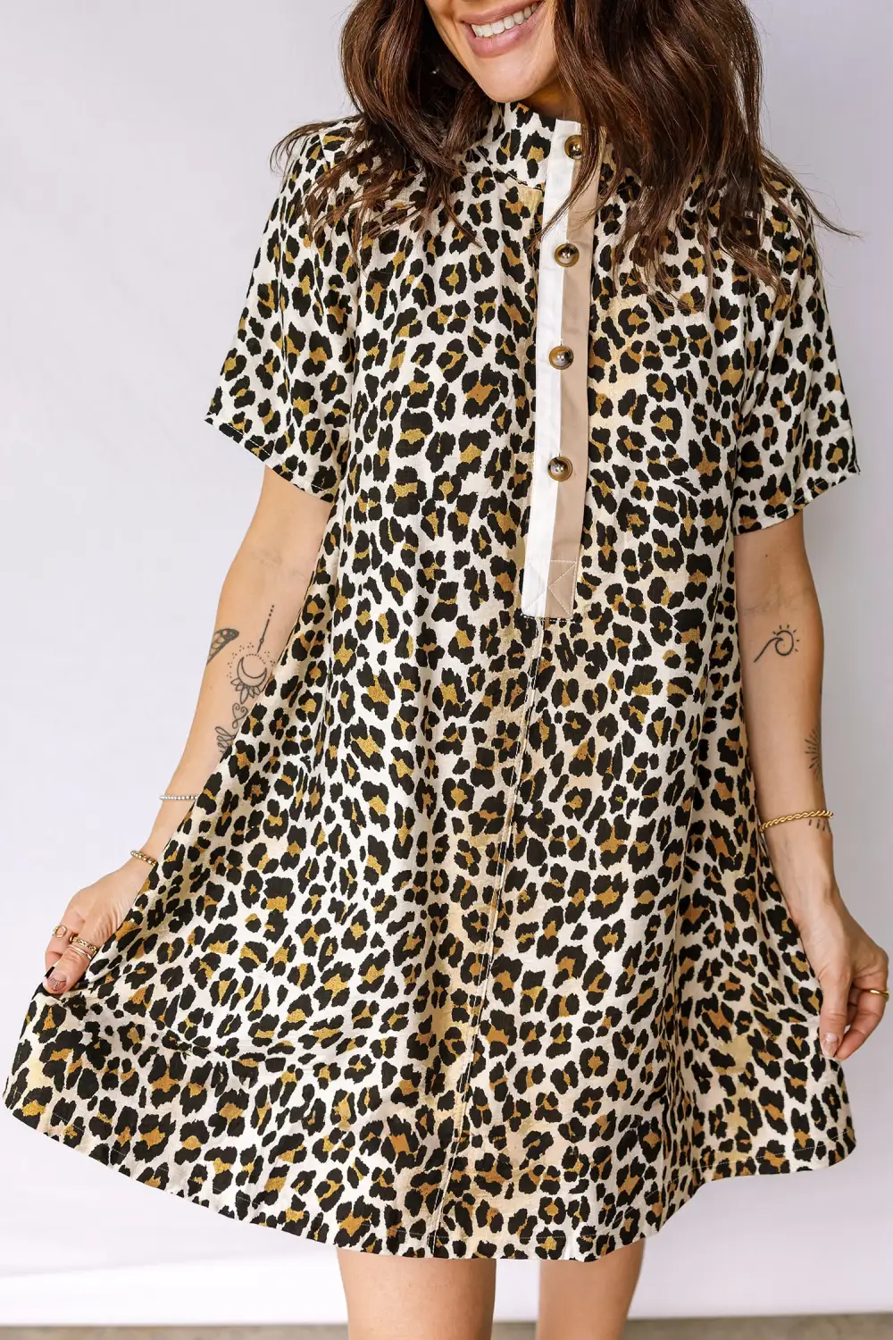 Playful Animal Print Button Front Pocket Detail Mini Dress