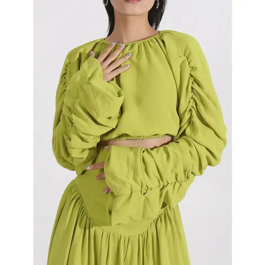 Modern Ruched Long Sleeve Top And High Waist Skirt