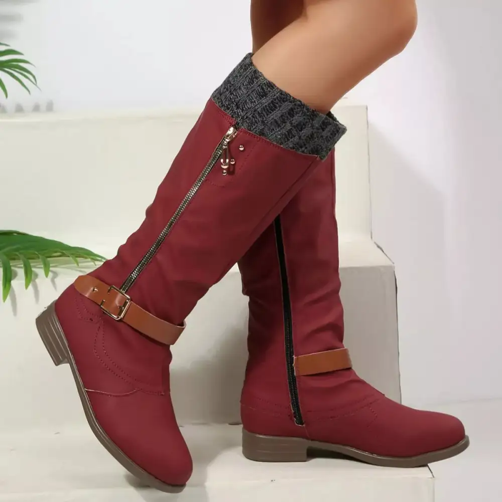 Ruffled Round Toe Block Heels Boots