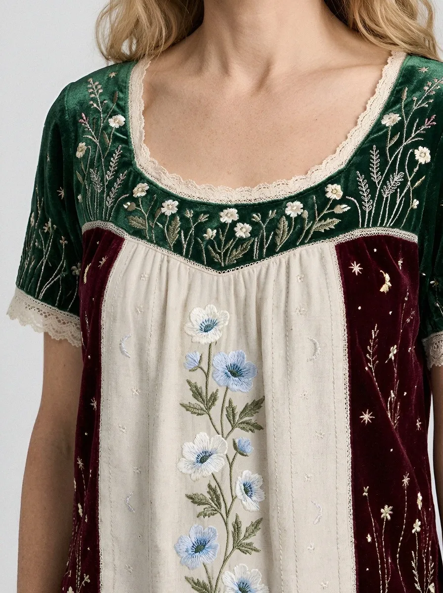 Women's Boho Floral Moon Celestial Embroidered Printed T-shirt