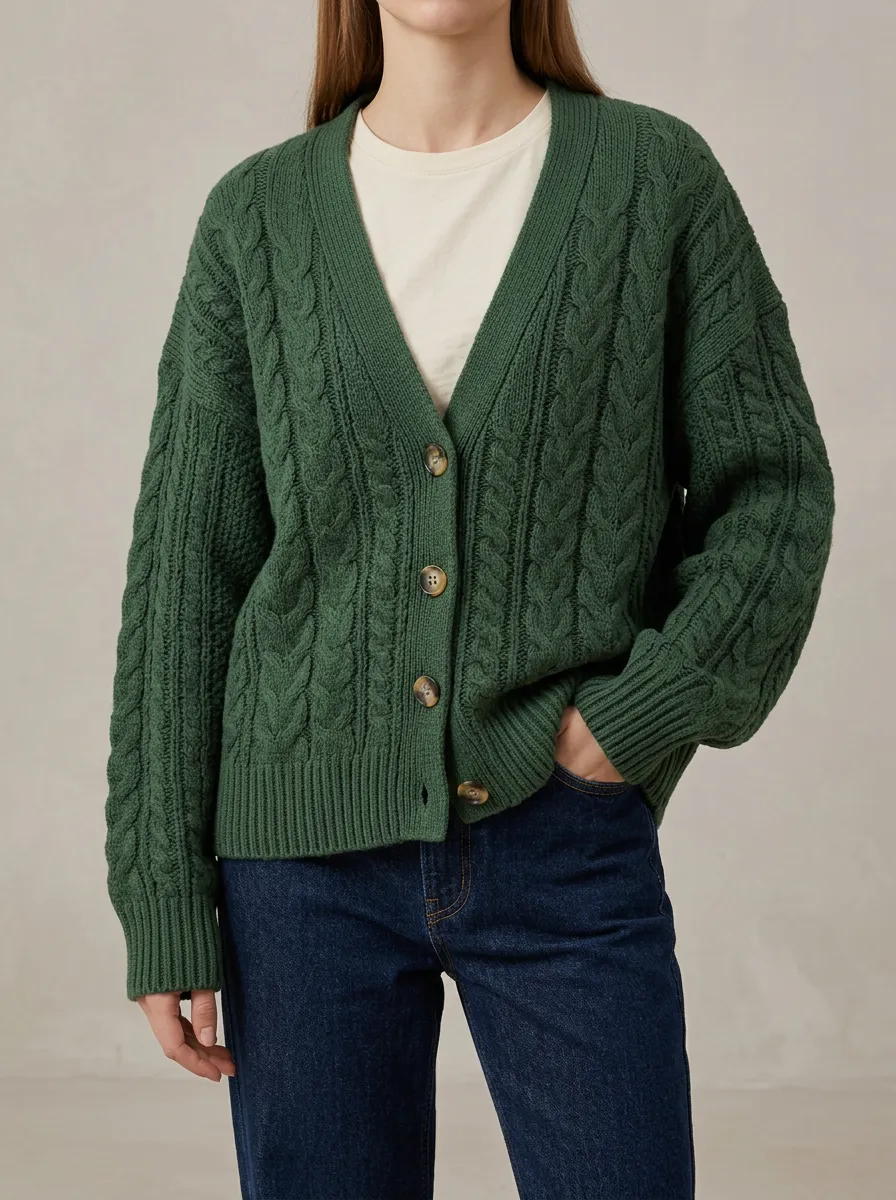 Women's Layering Cable Knit Button Front V Neck Cardigan