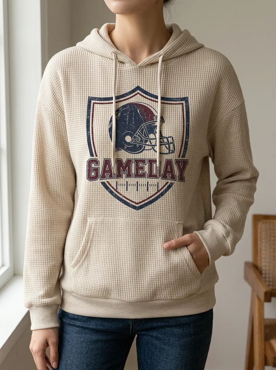 Women's Football Gameday Helmet Shield Printed Waffle Hoodie