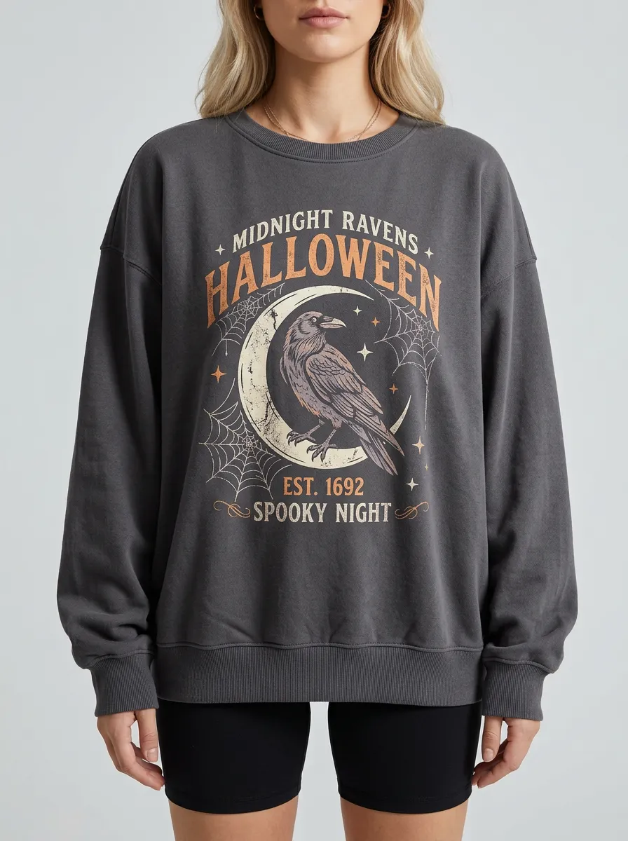Women's Halloween Raven Moon Spiderweb Printed Sweatshirt