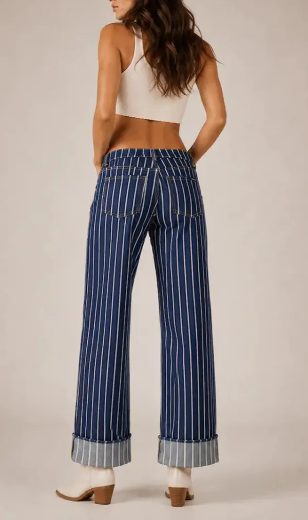 Low Rise Wide Leg Cuffed Western Style Denim Jeans