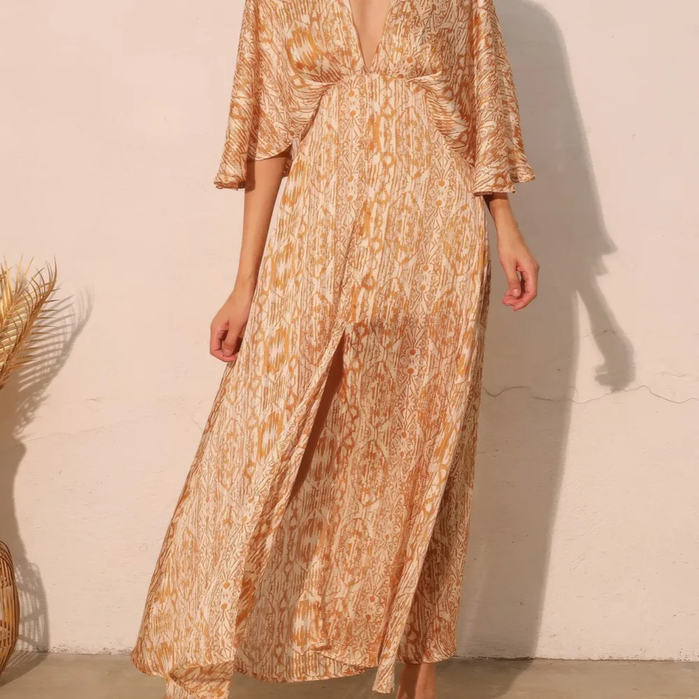 Bohemian Lurex Chiffon Cape Maxi Dress