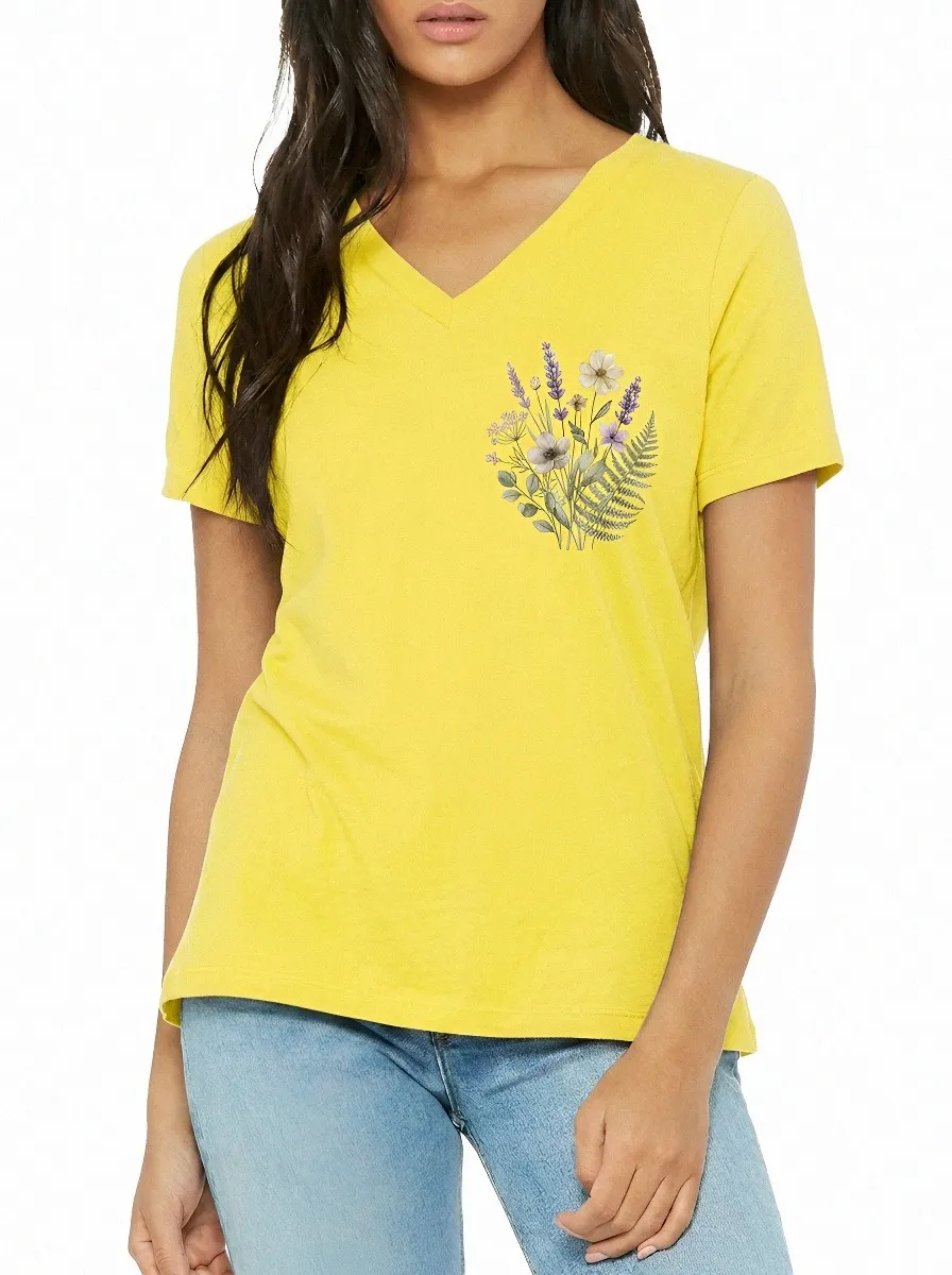 Women's Botanical Nature Lover Wildflower Bouquet Printed V-neck T-shirt