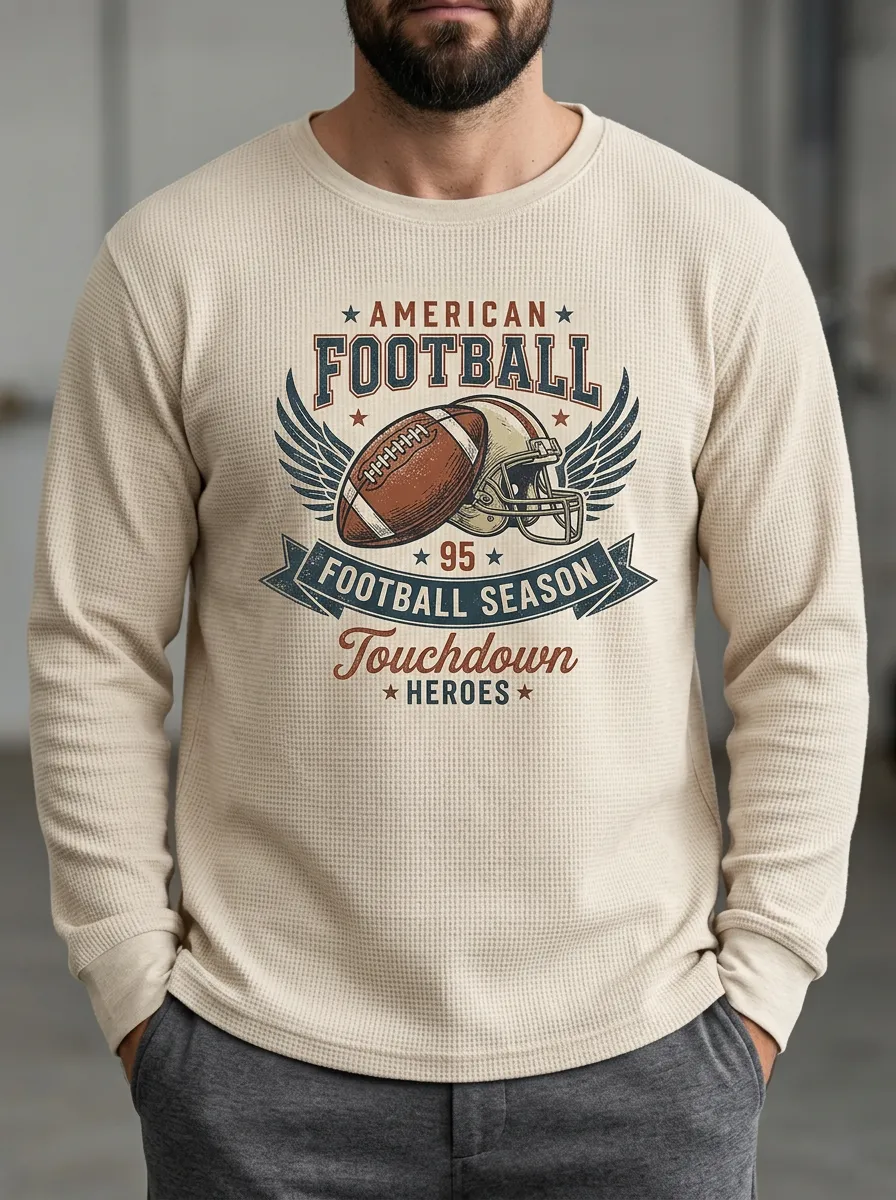 Men's American Football Fan Helmet Wing Printed Waffle T-Shirt