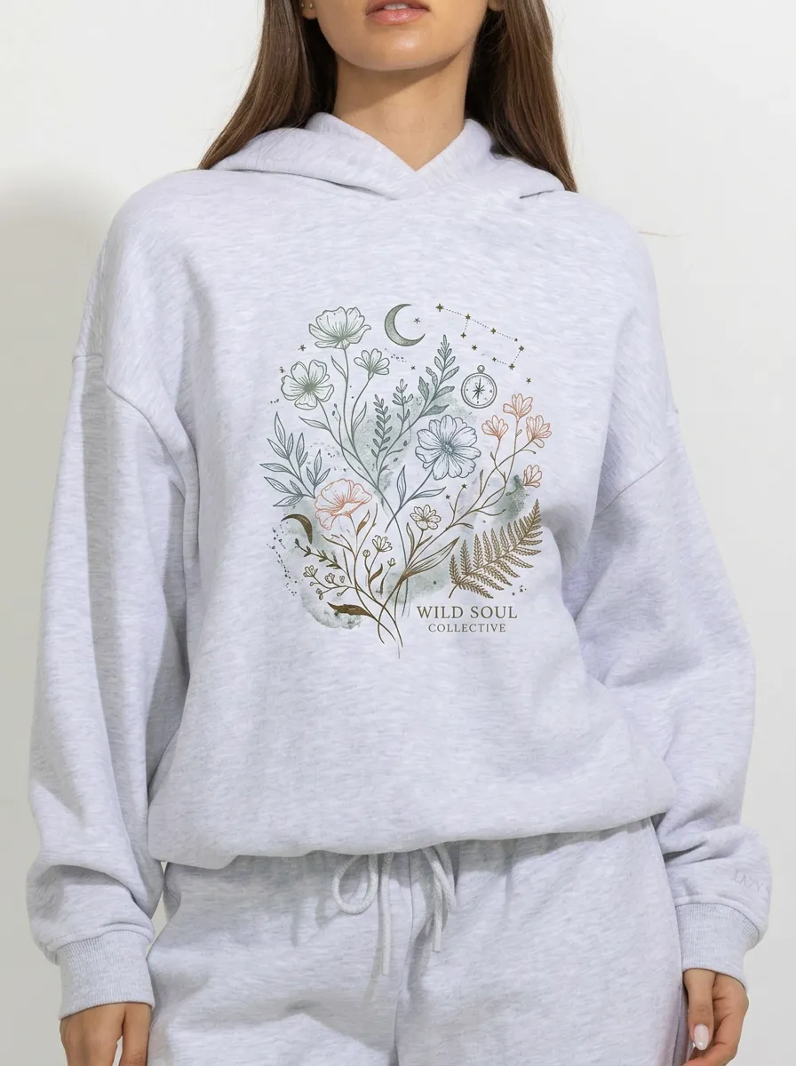 Women's Wild Soul Floral Moon Compass Printed Hoodie