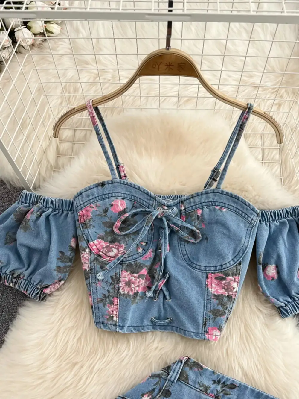 Smocked Denim Coordinated Set Pants