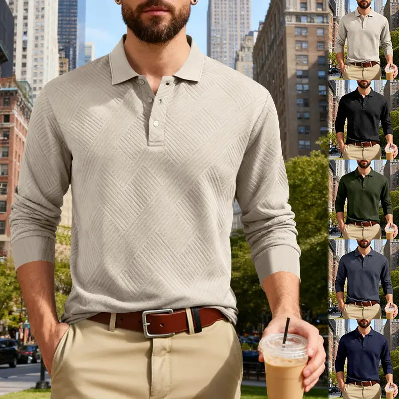 Jacquard Long Sleeve Fine Knit Polo Shirt