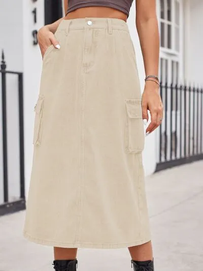 Relaxed Slit Buttoned Denim Pockets Skirt