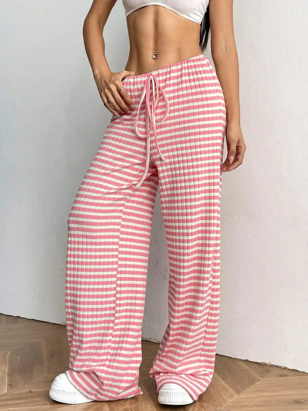 Wide Leg Drawstring Striped Casual Pants