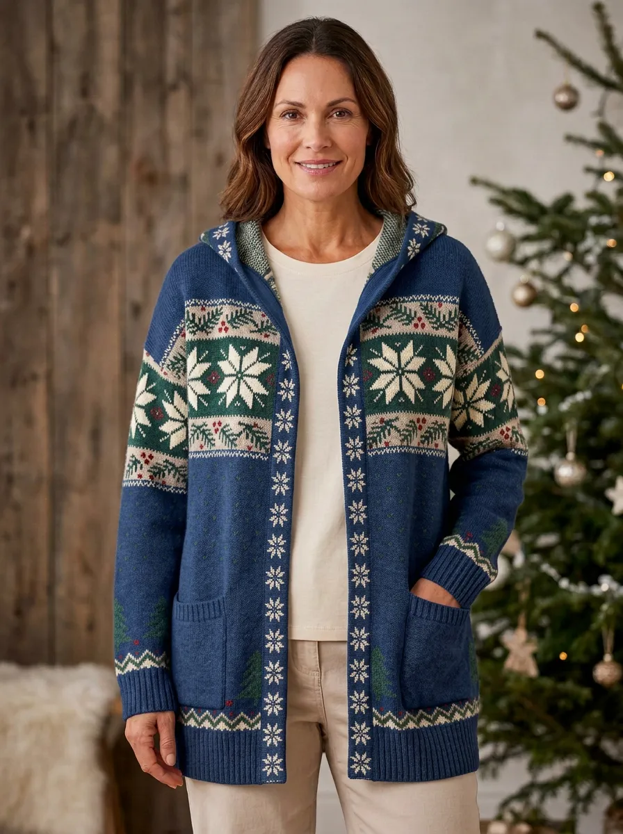 Christmas Snowflake Pine Tree Print Hooded Cardigan