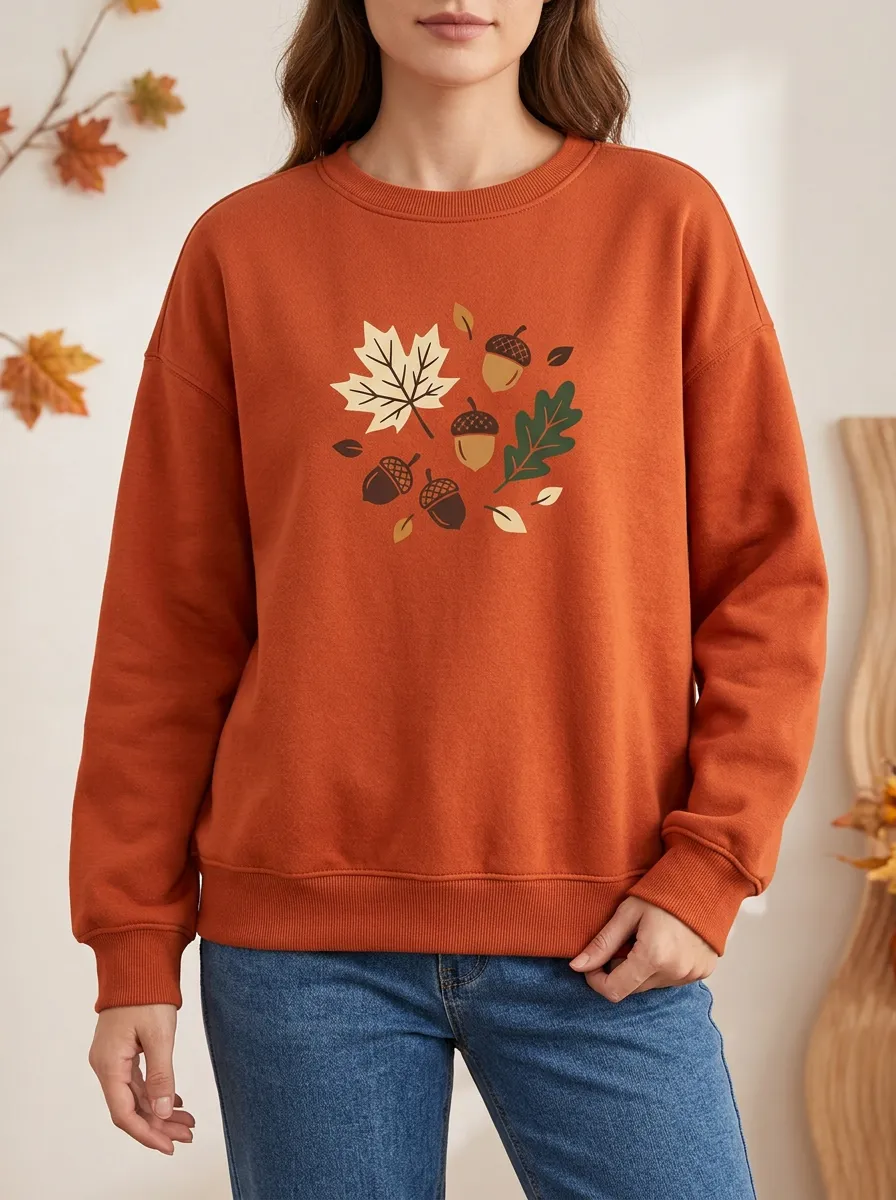 Natural Maple-Leaf Printed Acorn Graphic Sweatshirt