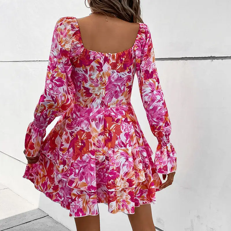 Women's Fitted V-Neck Floral Ruffled Dress