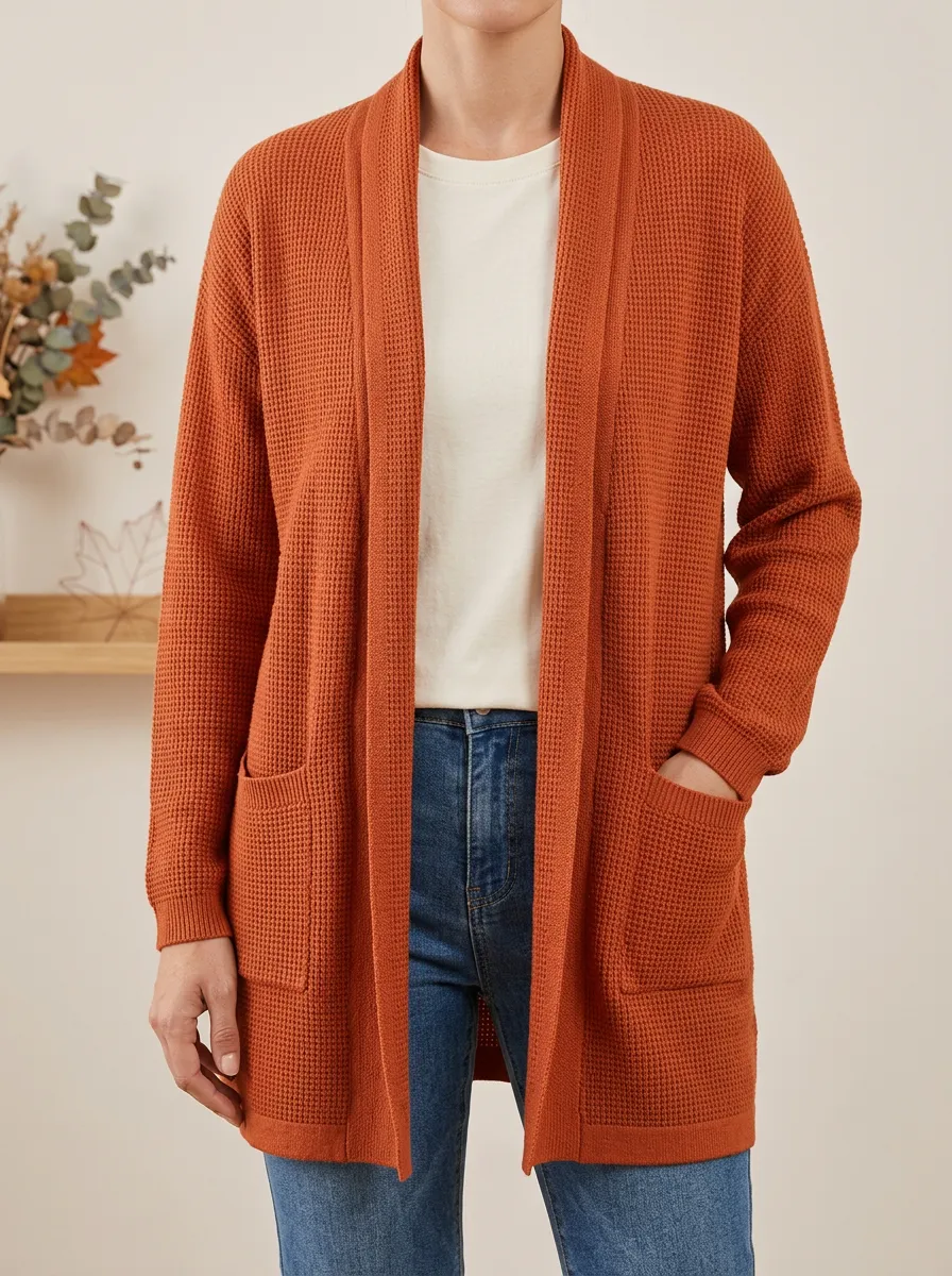 Everyday Waffle-Knit Open-Front Knit Cardigan