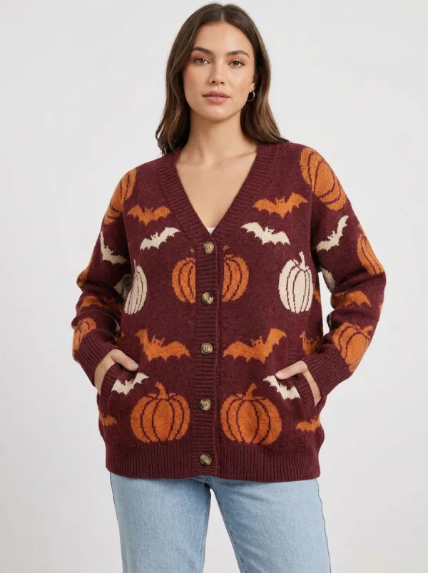 Women's Spooky Pumpkin Bat Halloween Knit Cardigan