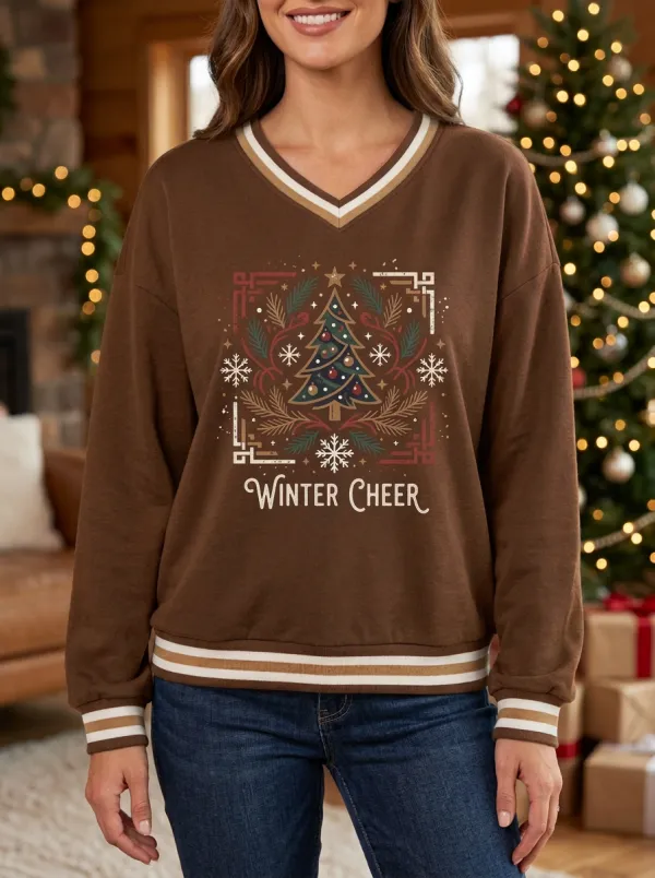 Christmas Winter Cheer Tree Snowflake Print V-Neck Sweatshirt