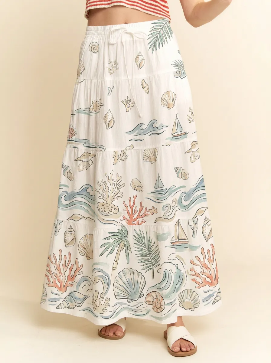 Women's Beach Lover Seashell Ocean Palm Printed Maxi Skirt