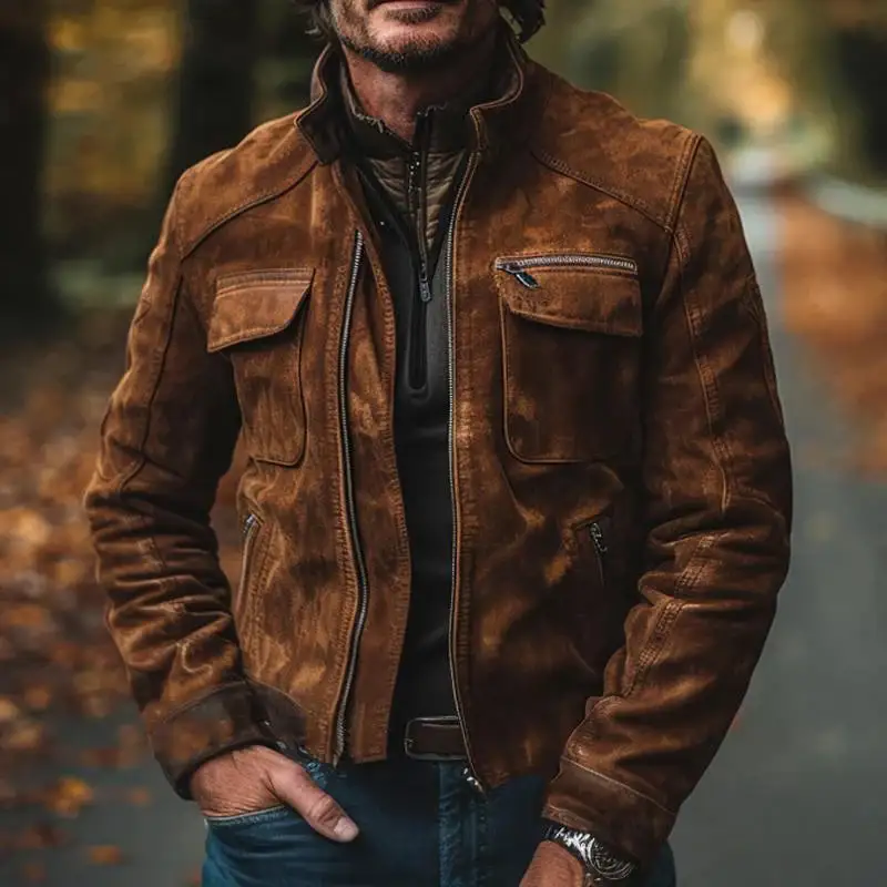 Band Collar Utility Suede Jacket