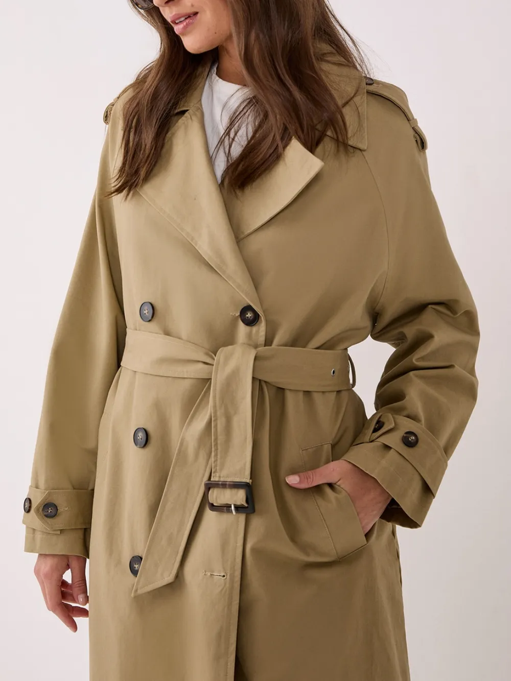 Women's Khaki Double-Breasted Long Trench Coat