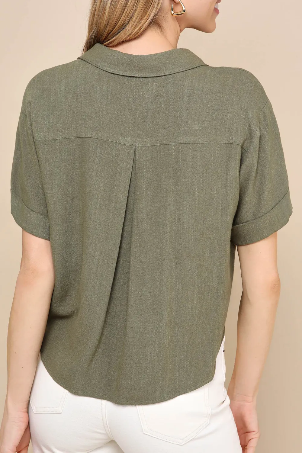 Short Sleeve Linen Collared Button-Up Top