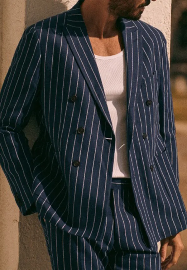 Blue White Stripe Tailored Two-Piece Suit Jacket