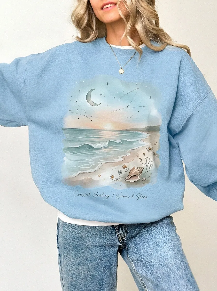 Women's Coastal Beach Lover Moon Waves Seashell Printed Sweatshirt
