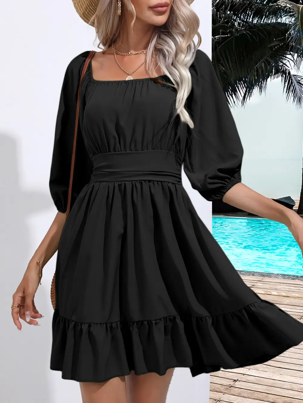 Square Neckline Ruffled Tie Up Mini Dress