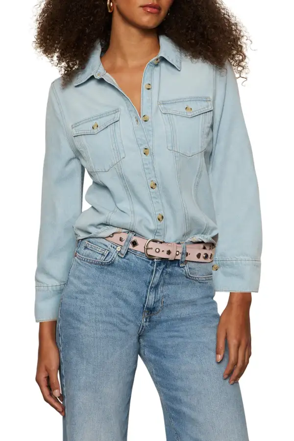 Denim Button Front Collared Relaxed Shirt