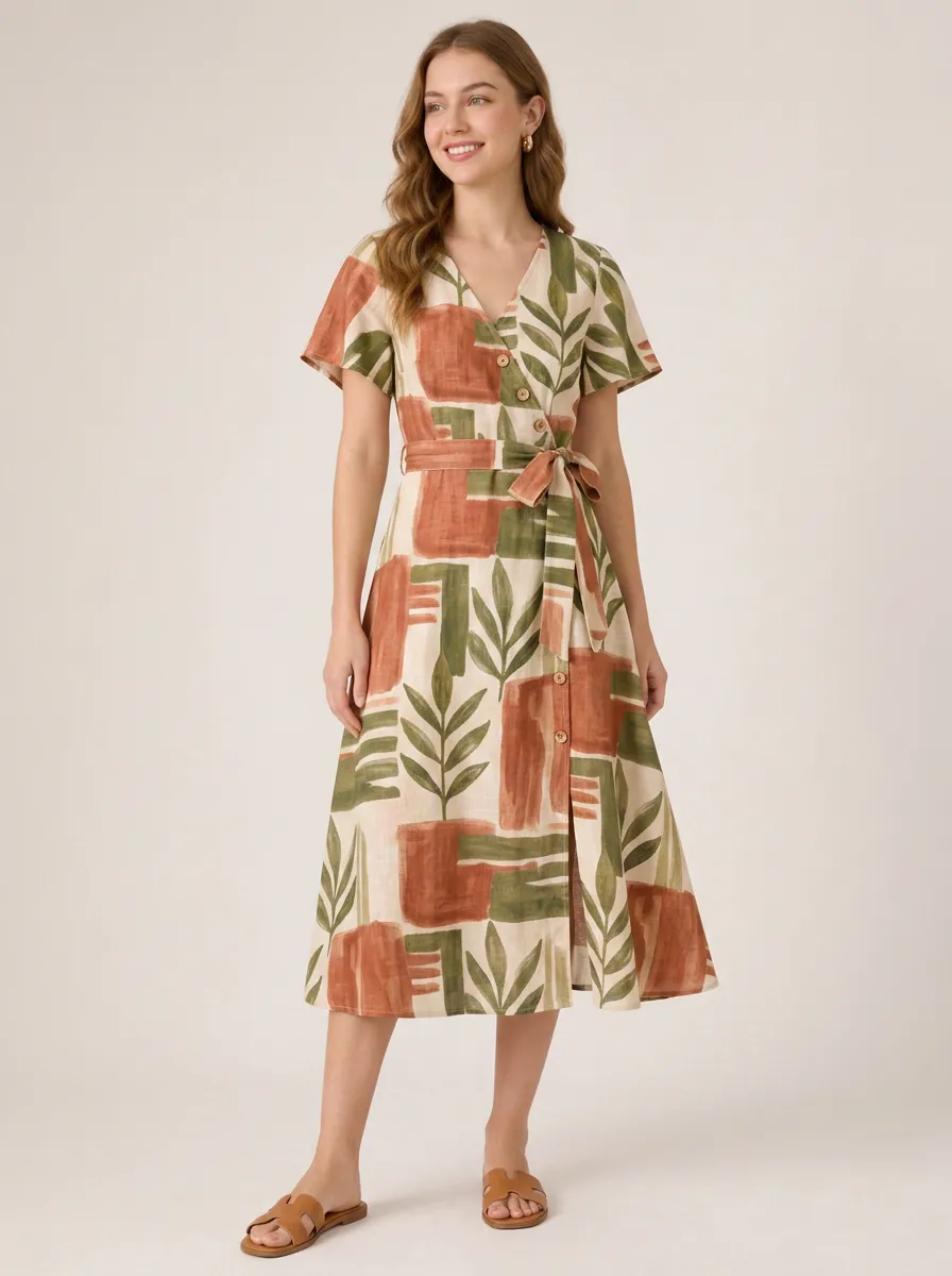Women's Botanical Abstract Geometric Printed Wrap Dress