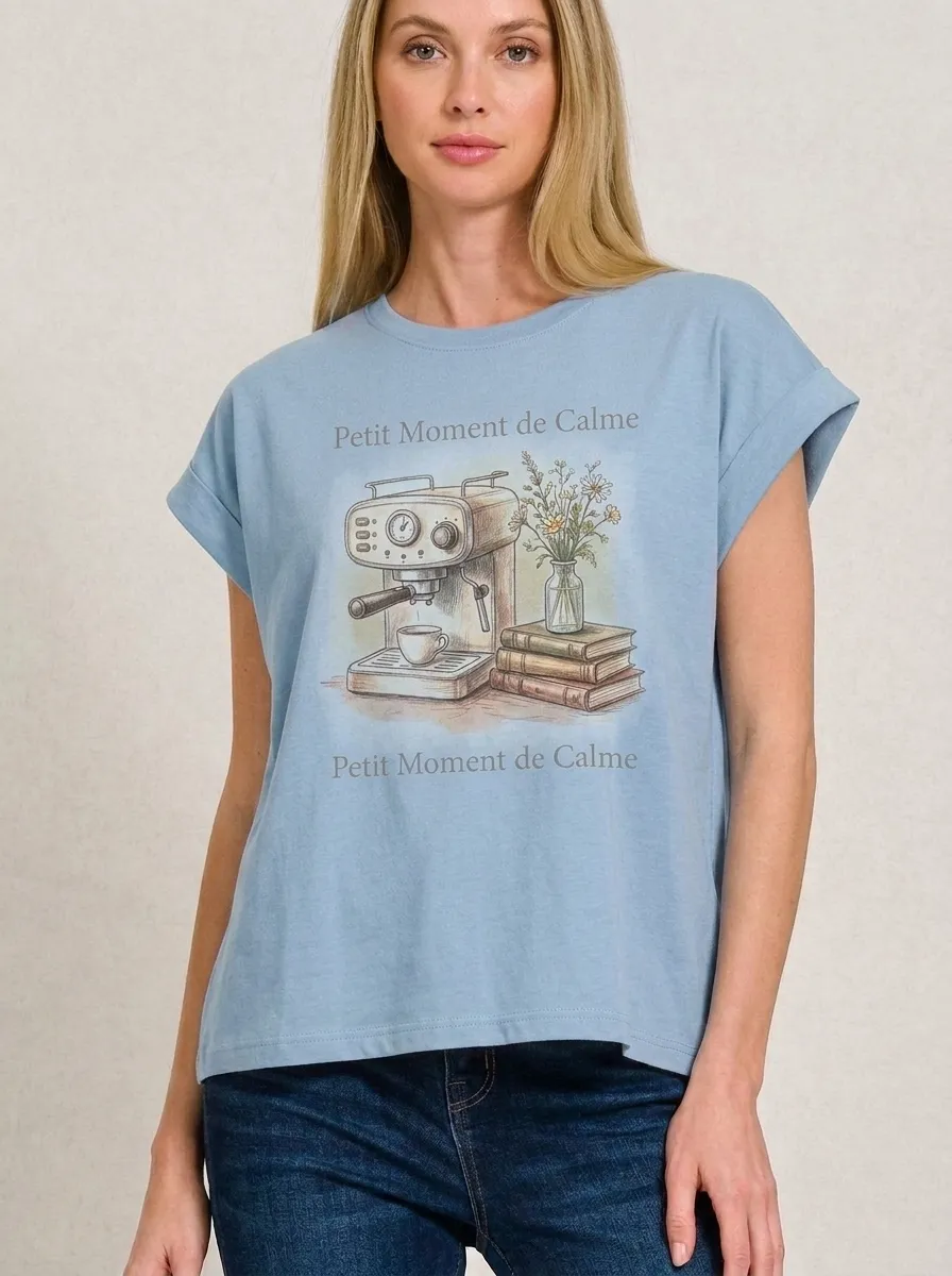 Women's Coffee Lover Books Flowers Petit Moment Printed T-shirt