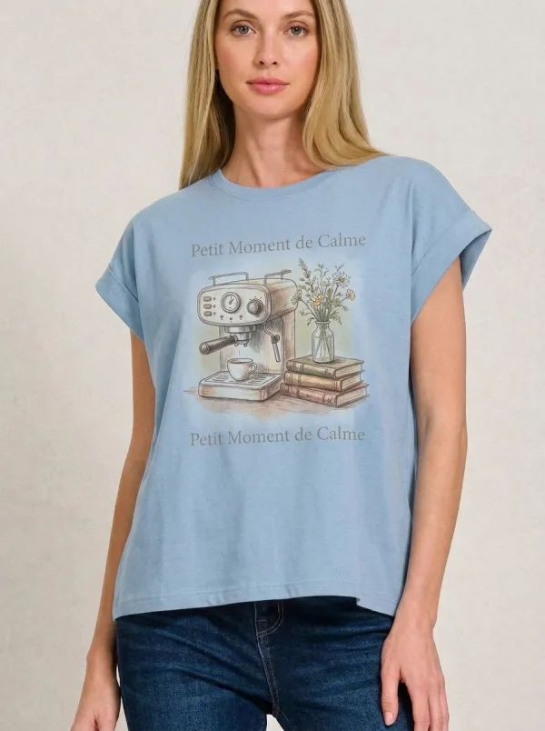 Women's Coffee Lover Books Flowers Petit Moment Printed T-shirt