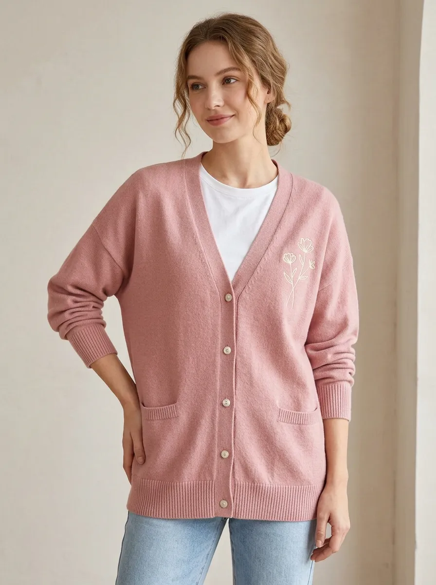 Pink Everyday Floral Minimalist Line Art Print Cardigan