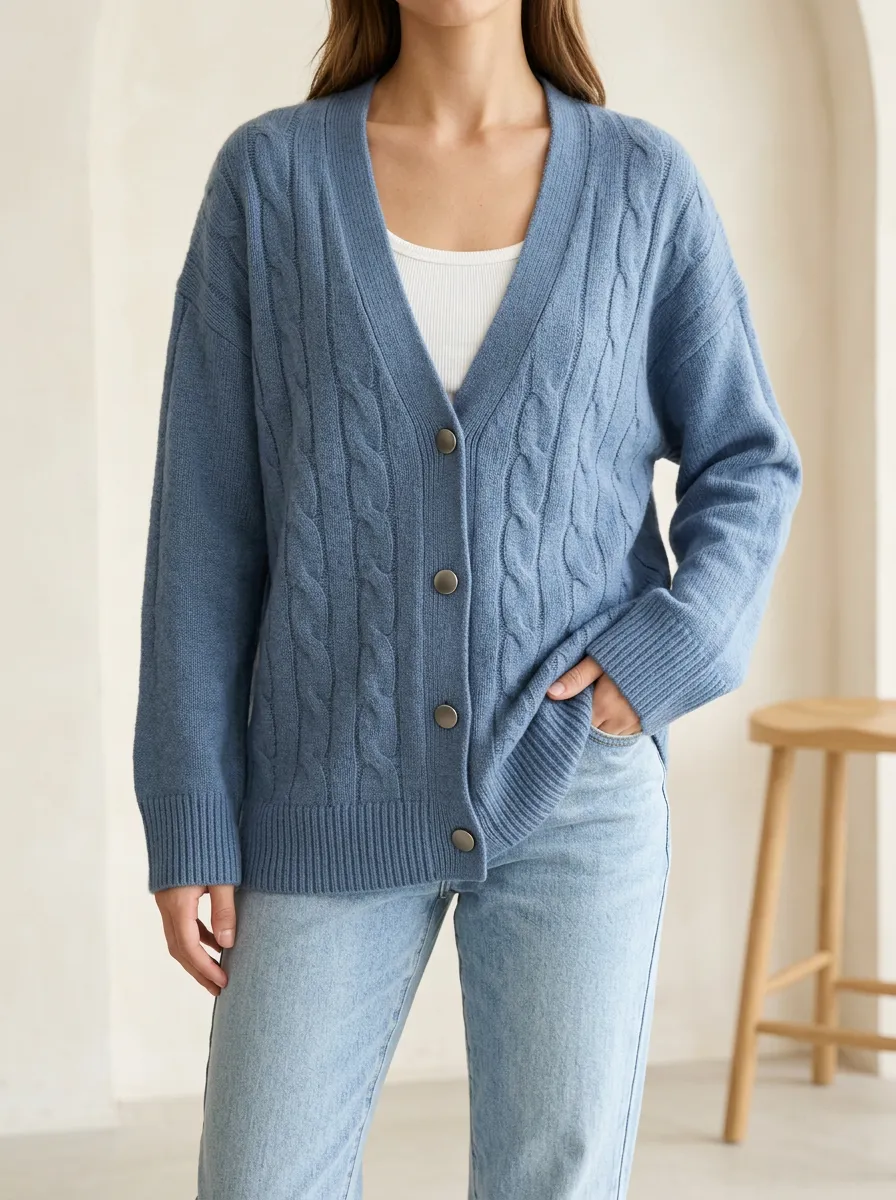 Women's Cable Knit Button Front V Neck Everyday Cardigan
