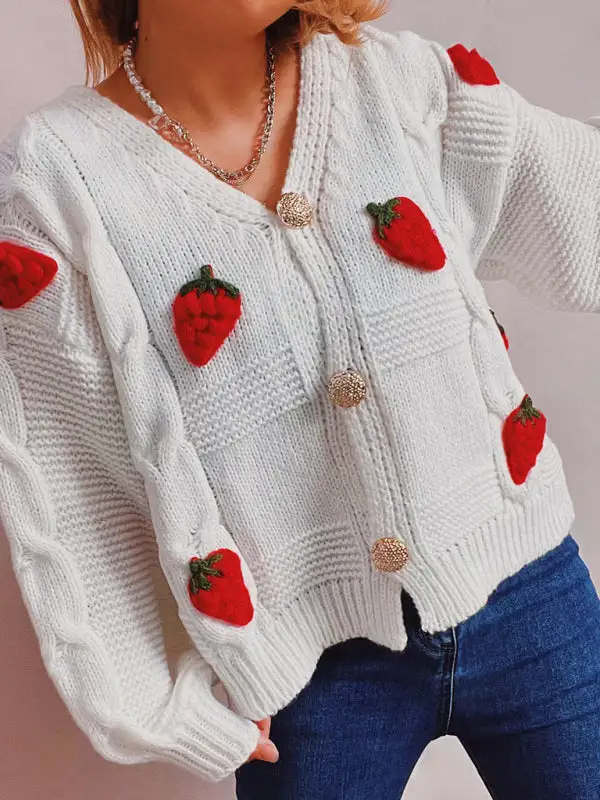 Single-Breasted Relaxed Knit Embroidered Cardigan