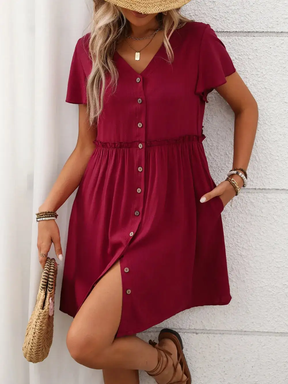 Flutter Sleeve Button Front Dress