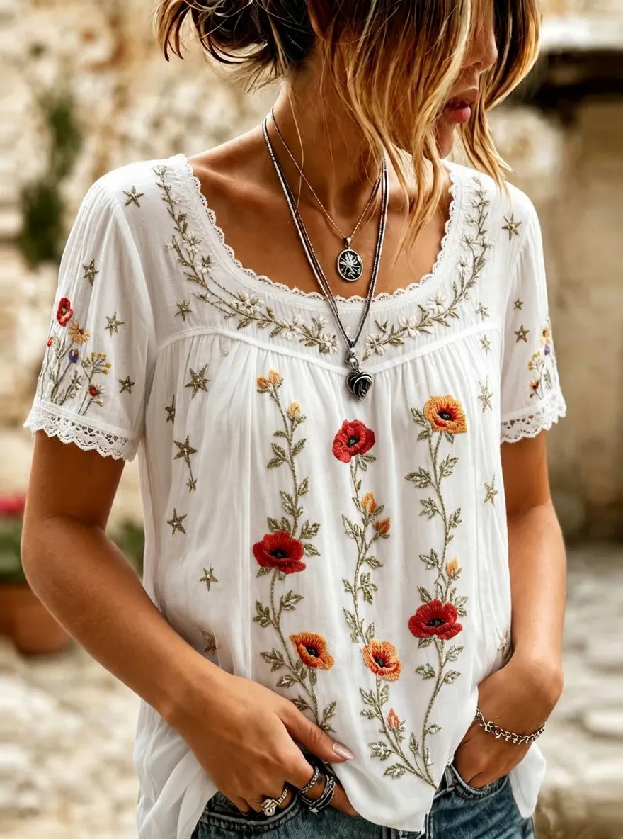 Women's Boho Floral Poppy Star Embroidered Printed Short Sleeve T-shirt