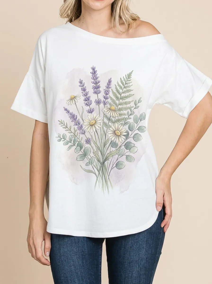 Women's Botanical Nature Lover Lavender Daisy Printed T-shirt