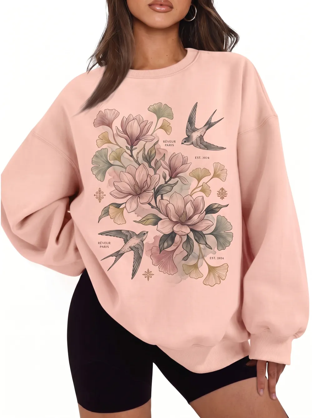 Women's Floral Swallow Bird Botanical Printed Sweatshirt