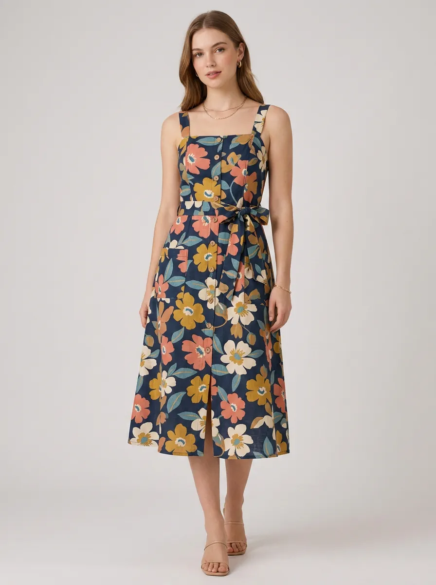 Women's Vintage Floral Botanical Printed Button-Down Midi Dress