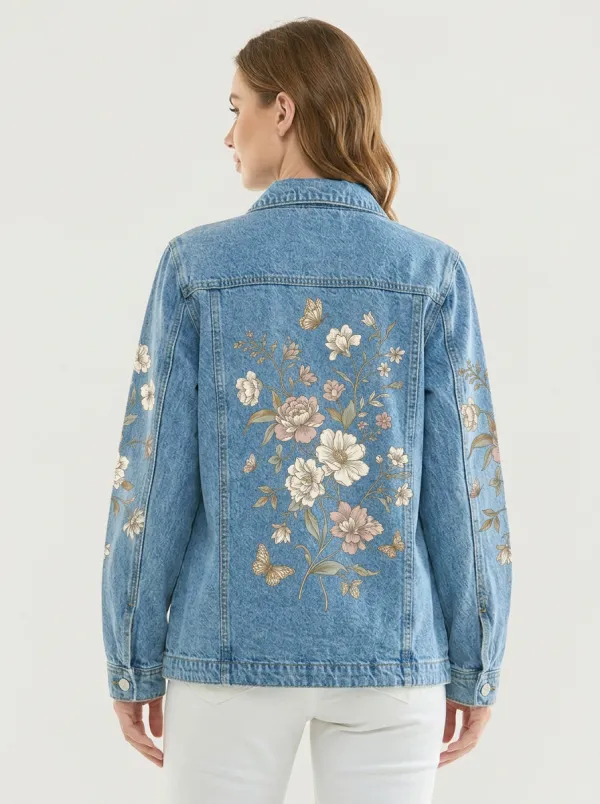 Women's Floral Butterfly Nature Lover Printed Denim Jacket
