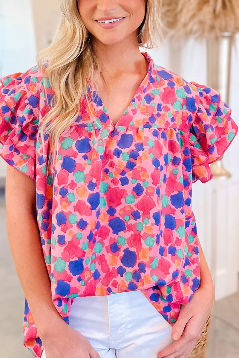 Everyday Abstract Print Ruffled V-Neck Blouse