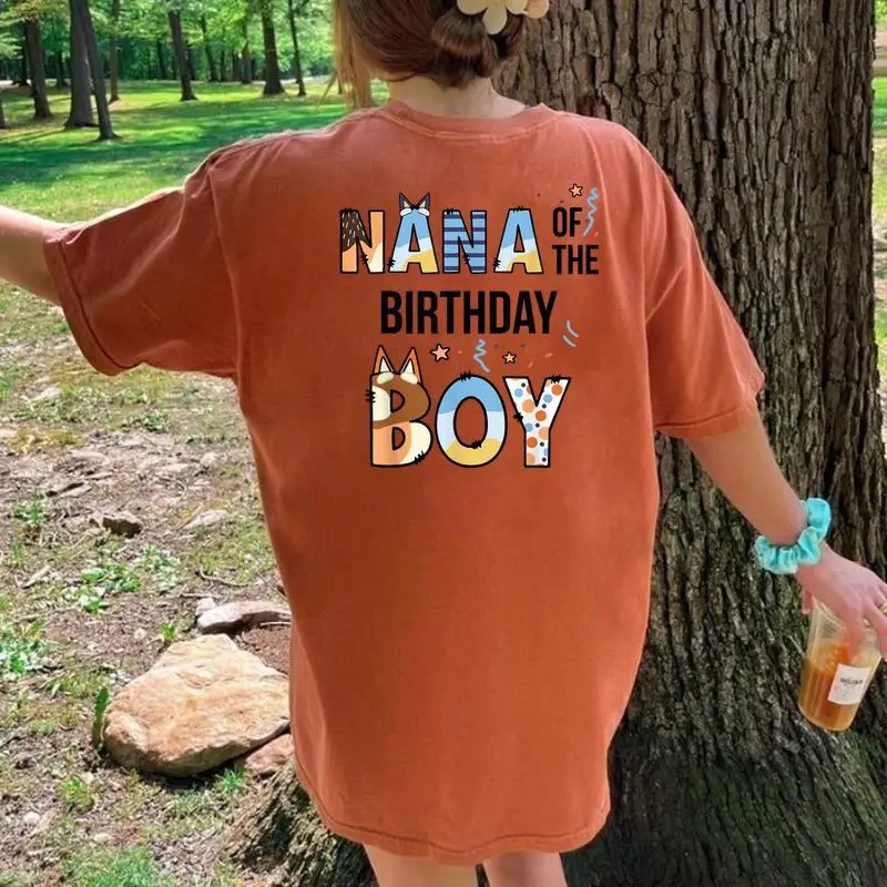 Nana Of The Birthday Boy Party Blue Dog Lover Matching Women's Oversized Comfort T-Shirt Back Print